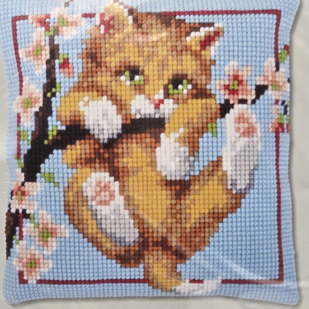 Vervaco Stamped Cross Stitch Cushion Kit Kitten Hanging From A Tree 16
